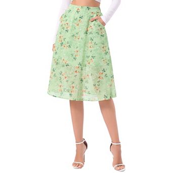 Women's Flare Below Knee Chiffon Flowy Waistband A Line Midi Skirt