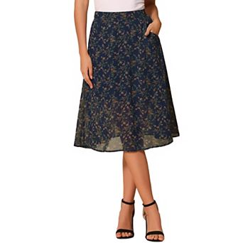 Women's Flare Below Knee Chiffon Flowy Waistband A Line Midi Skirt