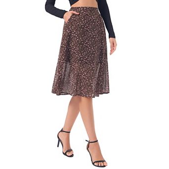 Women's Flare Below Knee Chiffon Flowy Waistband A Line Midi Skirt