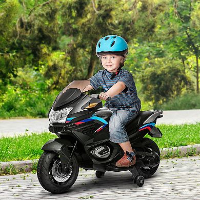 Aosom 12V Kids Electric Motorcycle with Training Wheels, Roaring Engine Design Battery Power Motorbike for Ages 3-8, High-Traction at 3.7 Mph Top Speed, with Light Music, Black