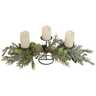 26" Triple Candle Holder with Frosted Foliage and Pine Cones Christmas Decor