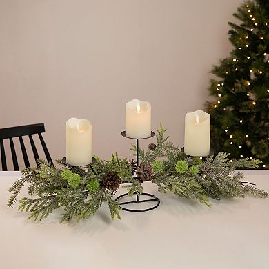 26" Triple Candle Holder with Frosted Foliage and Pine Cones Christmas Decor