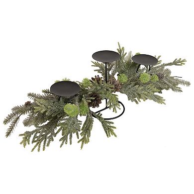 26" Triple Candle Holder with Frosted Foliage and Pine Cones Christmas Decor