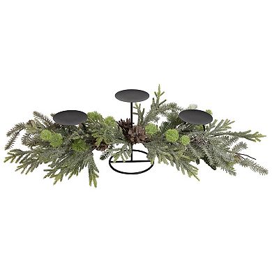 26" Triple Candle Holder with Frosted Foliage and Pine Cones Christmas Decor