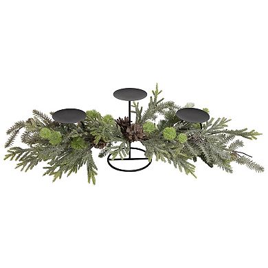 26" Triple Candle Holder with Frosted Foliage and Pine Cones Christmas Decor