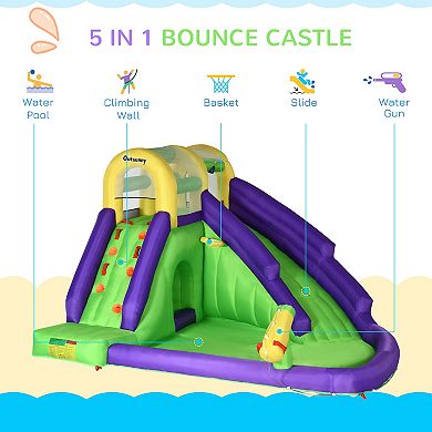 Outsunny 5-in-1 Inflatable Water Slide, Kids Castle Bounce House Includes Slide, Basket, Pool, Water Gun, Climbing Wall with Carry Bag, Repair Patches, 680W Air Blower