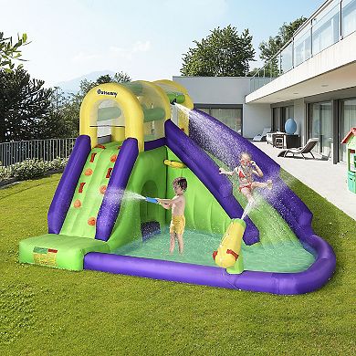 Outsunny 5-in-1 Inflatable Water Slide, Kids Castle Bounce House Includes Slide, Basket, Pool, Water Gun, Climbing Wall with Carry Bag, Repair Patches, 680W Air Blower