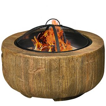 Outsunny Fire Pit with Spark Screen and Poker, 24" Wood-burning Bowl, Brown