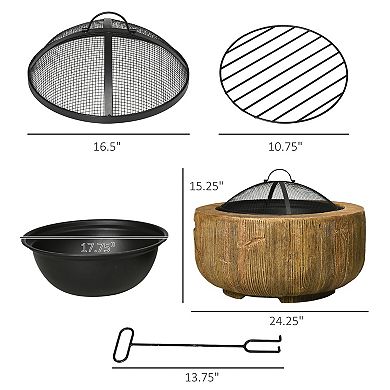 Outsunny Fire Pit with Spark Screen and Poker, 24" Wood-burning Bowl, Brown