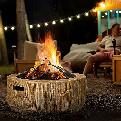 Outsunny Fire Pit with Spark Screen and Poker, 24" Wood-burning Bowl, Brown
