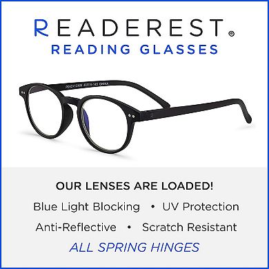 Round Blue Light Blocking Reading Glasses (Black, 200 Magnification) Computer