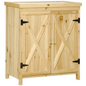 Garden Storage Cabinet Outdoor Tool Shed With Top And Two Shelves, Natural