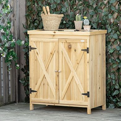 Garden Storage Cabinet Outdoor Tool Shed With Top And Two Shelves, Natural
