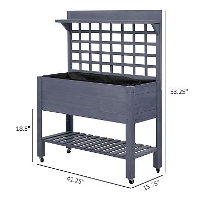Outsunny 41" Raised Garden Bed with Wheels, Trellis & Storage Shelves, Gray