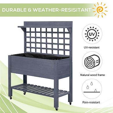 Outsunny 41" Raised Garden Bed with Wheels, Trellis & Storage Shelves, Gray