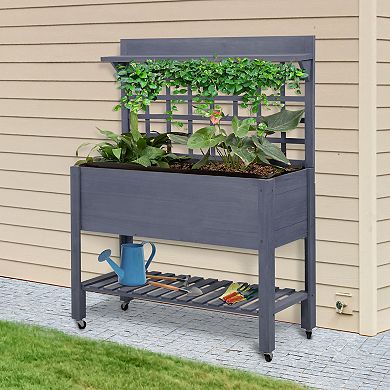 Outsunny 41" Raised Garden Bed with Wheels, Trellis & Storage Shelves, Gray