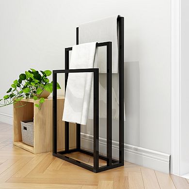 Metal Freestanding Towel Rack Stand - 3 Tiers and Hand Towel Holder, Black, 17.71 x 8.66 x 33.86 inches - Ideal for Bathroom, Bedroom, Washroom, Shower Room, Pool