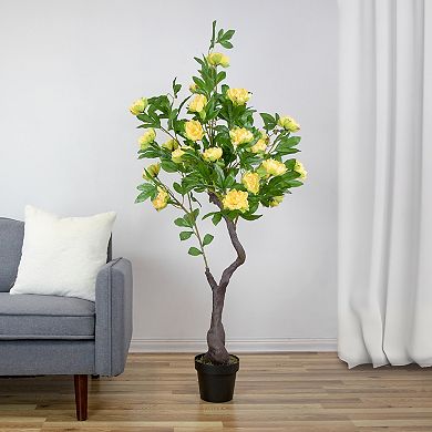 63" Artificial Yellow and Green Peony Flower Potted Tree