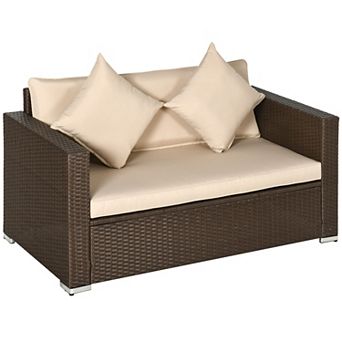 Outsunny Wicker Loveseat, Patio Furniture Couch, Padded Outdoor Sofa, Beige