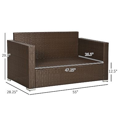 Outsunny Wicker Loveseat, Patio Furniture Couch, Padded Outdoor Sofa, Beige