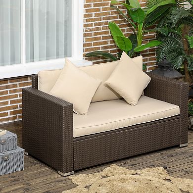Outsunny Wicker Loveseat, Patio Furniture Couch, Padded Outdoor Sofa, Beige