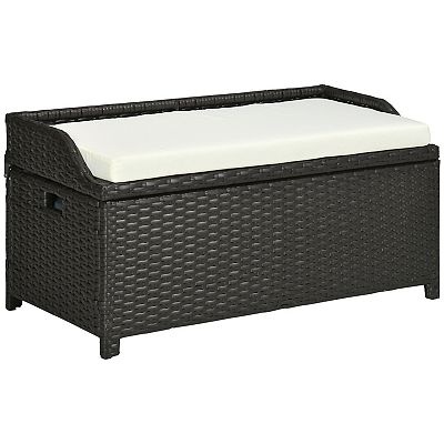 Outsunny Patio Wicker Storage Bench Cushioned Outdoor PE Rattan Patio Furniture Air Strut Assisted Easy Open Cream White