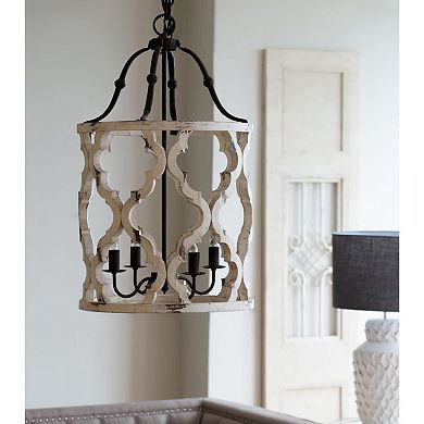 33.5" White and Brown Vintage Style Distressed Finish Four-Light Chandelier