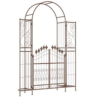 Outsunny 7' Metal Garden Arbor, Garden Arch with Gate, Fleur De Lis Motif, Latching Doors, Brown