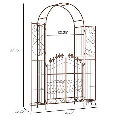 Outsunny Garden Gate Arbor Wedding Arch with Doors Plant Shelves,