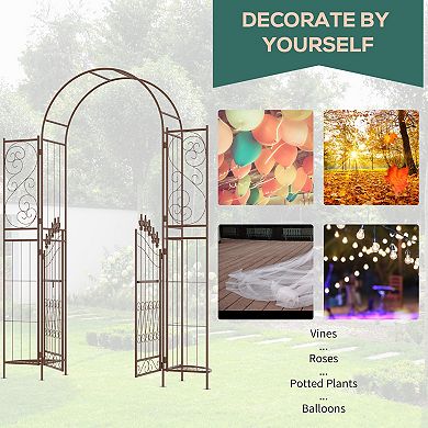 Outsunny Garden Gate Arbor Wedding Arch with Doors Plant Shelves,