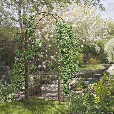 Outsunny Garden Gate Arbor Wedding Arch with Doors Plant Shelves,