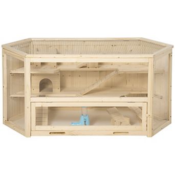 PawHut Wooden Hamster Cage Small Animal Exercise Play House 3 tier W/ Tray