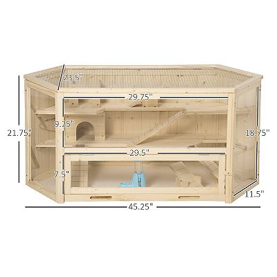 PawHut Wooden Large Hamster Cage Small Animal Exercise Play House 3 Tier with Slide Activity Center