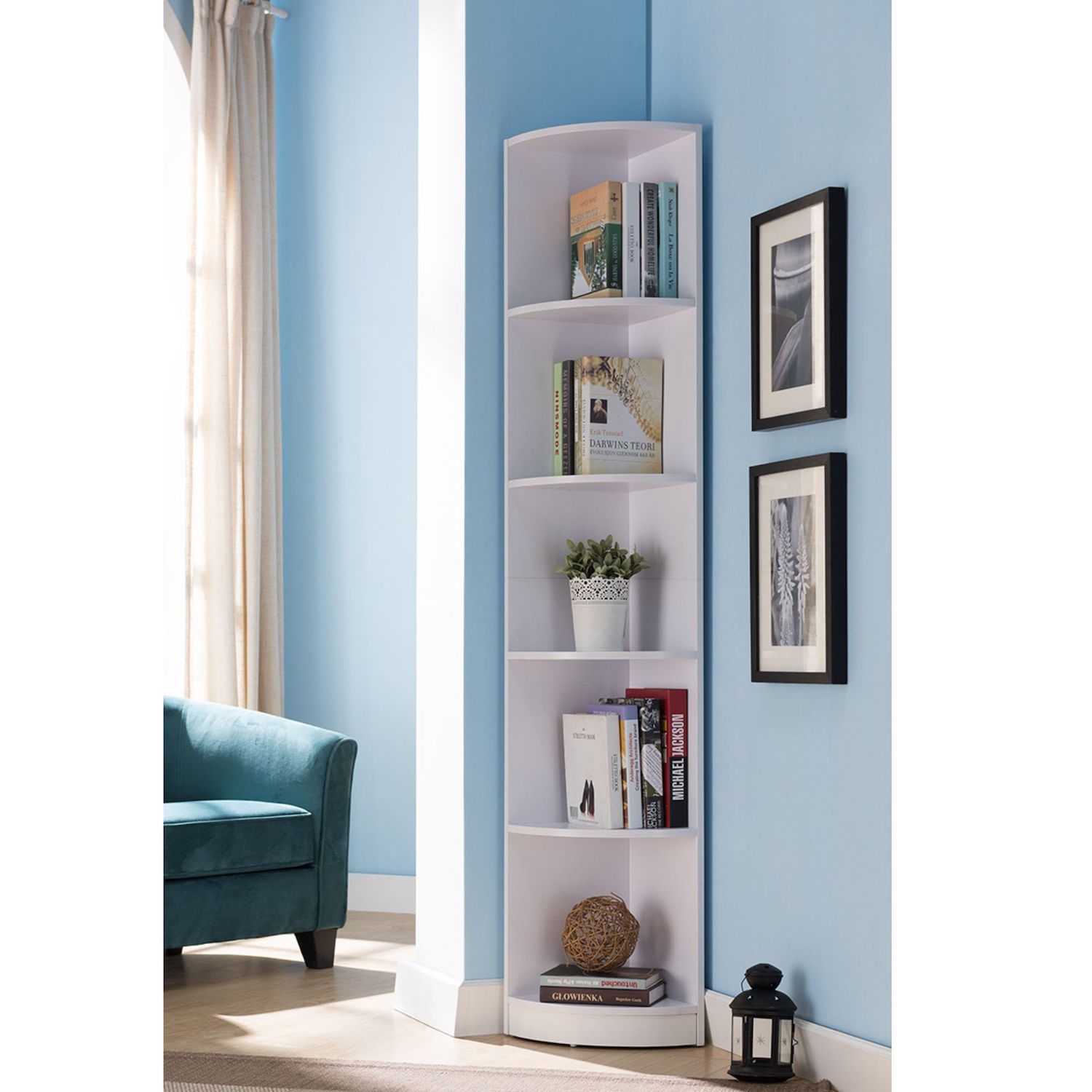 FC Design White Corner Bookcase With 5 Shelves