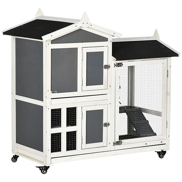 PawHut 43" Rabbit Hutch Indoor Outdoor w/ Wheels, Water Bottle, Trays