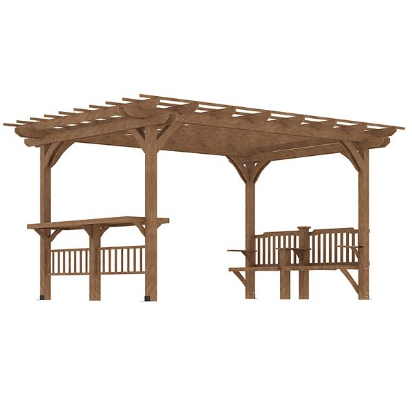 Outsunny 14' x 10' Outdoor Pergola, Wooden Grill Gazebo with Bar Counters and Seating Benches, Deck - Brown