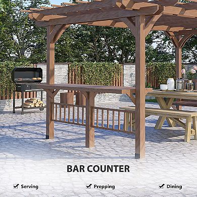 Outsunny 14' x 10' Outdoor Pergola, Wooden Grill Gazebo with Bar Counters and Seating Benches, Deck