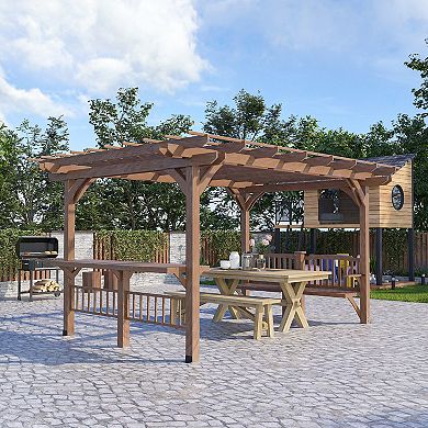Outsunny 14' x 10' Outdoor Pergola, Wooden Grill Gazebo with Bar Counters and Seating Benches, Deck