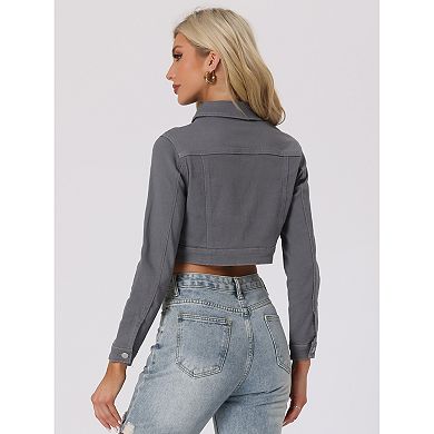 Women's Classic Long Sleeves Single Breasted Cropped Denim Jacket