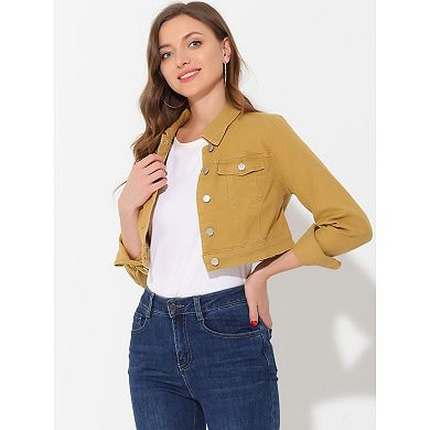 Women's Classic Long Sleeves Single Breasted Cropped Denim Jacket