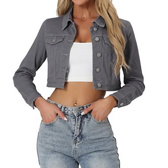 Women's Classic Long Sleeves Single Breasted Cropped Denim Jacket