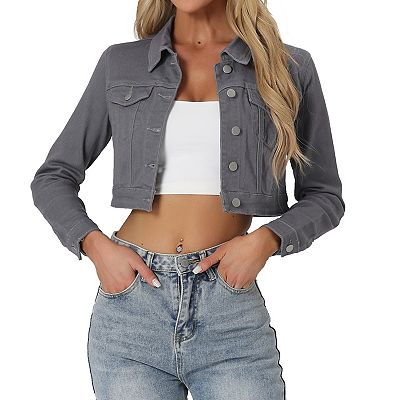 Women's Classic Long Sleeves Single Breasted Cropped Denim