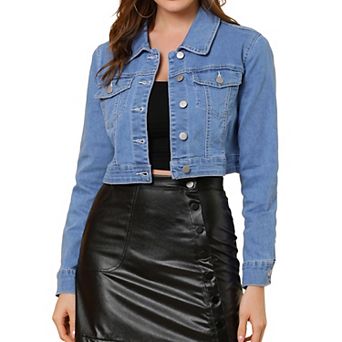 Women's Classic Long Sleeves Single Breasted Cropped Denim Jacket