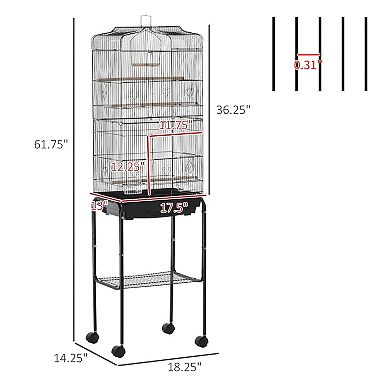PawHut Large Bird Cage with Shelf, Handle for Taking Up or Down Stairs, Metal Bird Cage with Easy Big Doors, Outdoor or Indoor Aviary, Black