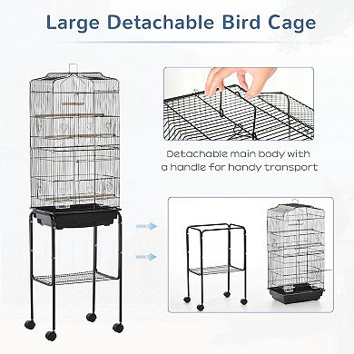 PawHut Large Bird Cage with Shelf, Handle for Taking Up or Down Stairs, Metal Bird Cage with Easy Big Doors, Outdoor or Indoor Aviary, Black