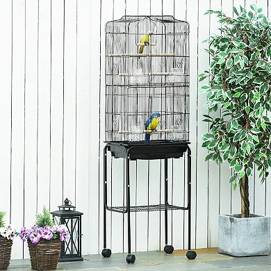 PawHut Large Bird Cage with Shelf, Handle for Taking Up or Down Stairs, Metal Bird Cage with Easy Big Doors, Outdoor or Indoor Aviary, Black