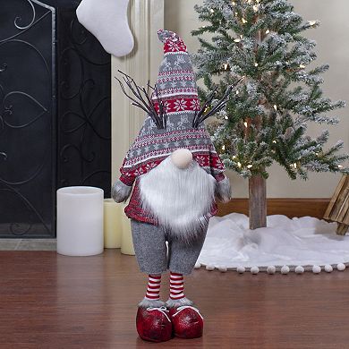 30" Red and Gray Nordic Hat Standing Christmas Gnome with LED Antlers