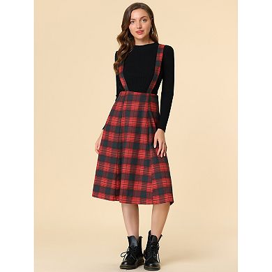 Women's Plaid Tartan A-Line Overall Suspender Midi Skirt