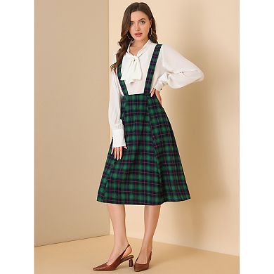Women's Plaid Tartan A-Line Overall Suspender Midi Skirt