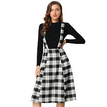Women's Plaid Tartan A-line Overall Suspender Midi Skirt